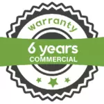 A warranty registration badge with the words 6 years commercial.